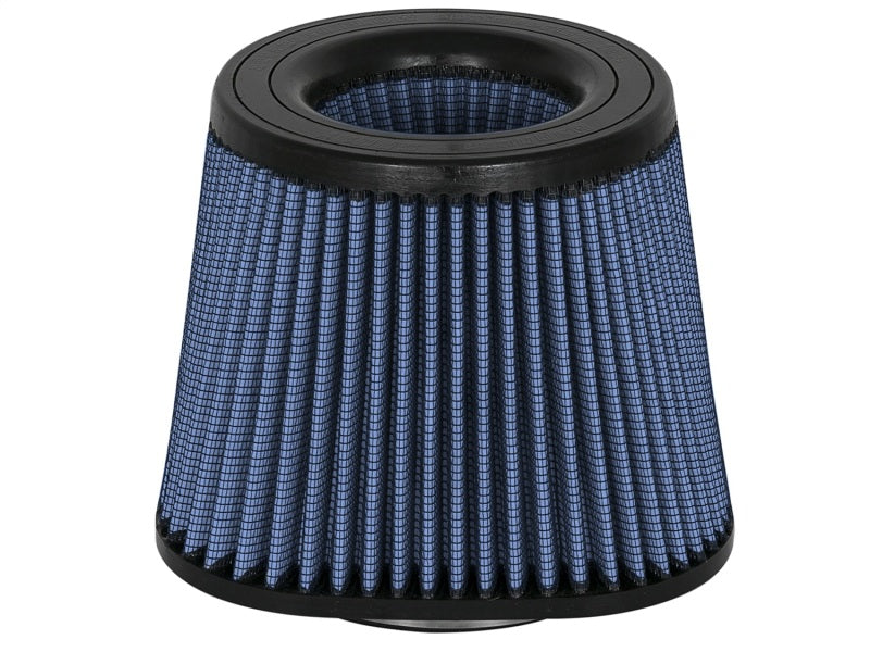 aFe Track Series intake replacement air filter with a conical shape, featuring a blue filter media and black rubber base.