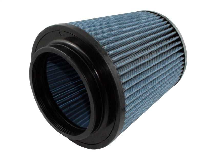 aFe MagnumFLOW Air Filter featuring a cylindrical design with a blue filter element and black rubber end caps for enhanced airflow.