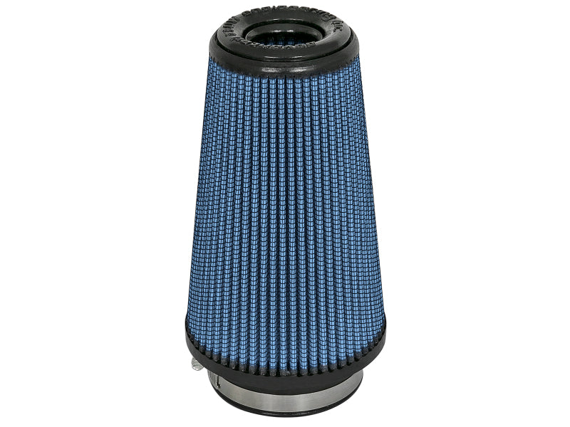 aFe Magnum FLOW Pro 5R air filter with a conical design, featuring a blue filter media and durable rubber base for enhanced airflow.