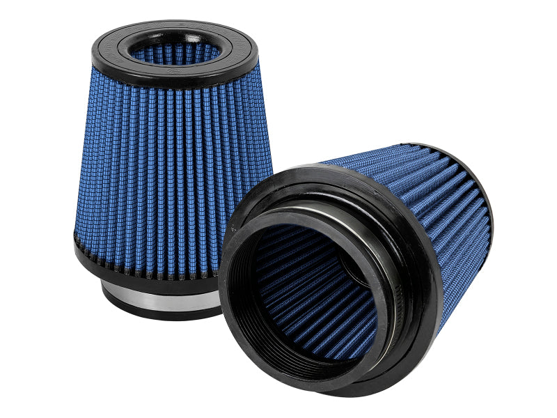 aFe MagnumFLOW Air Filters in blue, featuring a cone shape and high-flow design for improved engine performance.