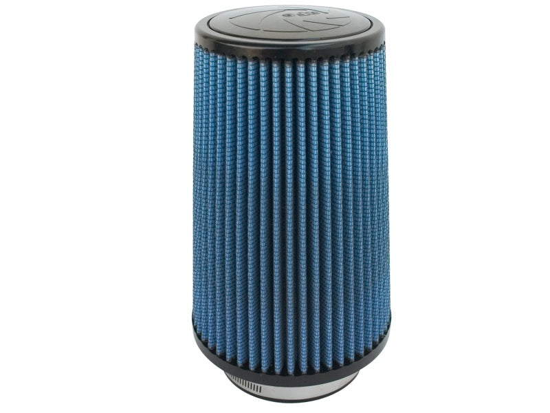 aFe MagnumFLOW Air Filter with a blue pleated design, measuring 4 inches wide and 9 inches tall, enhances engine performance.