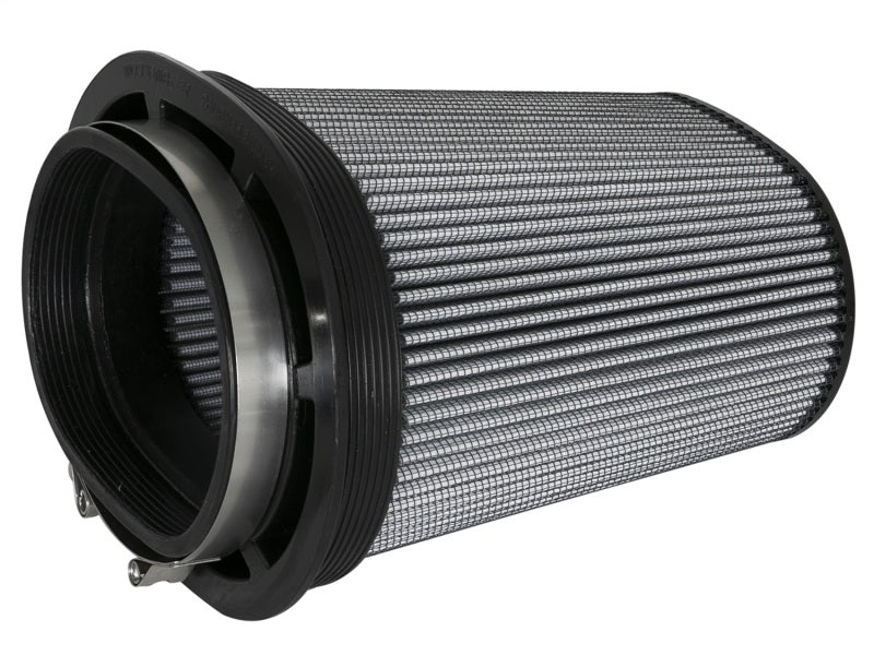 aFe Magnum FLOW Pro DRY S replacement air filter with a cylindrical design, featuring a durable mesh exterior for optimal airflow.