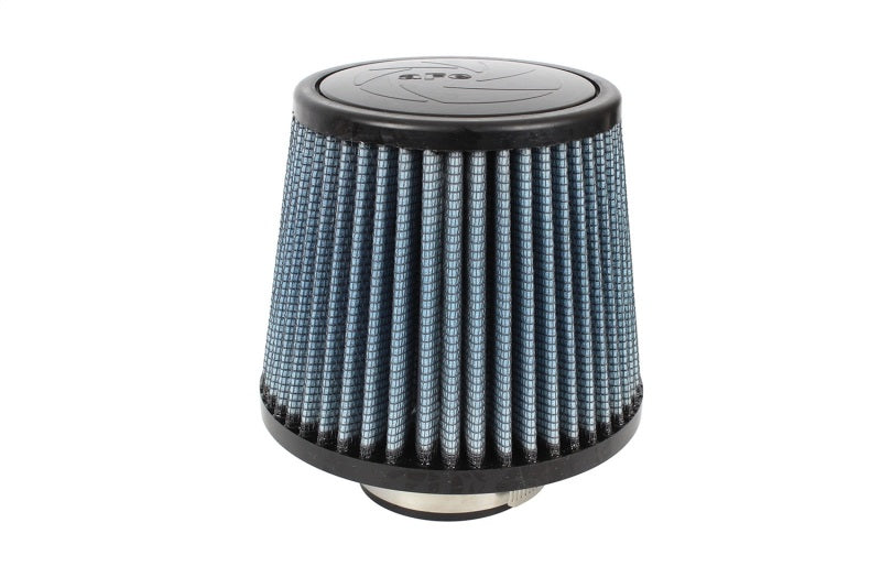 aFe MagnumFLOW Air Filter with a conical design, featuring a blue filter media and a sturdy black base for enhanced airflow.