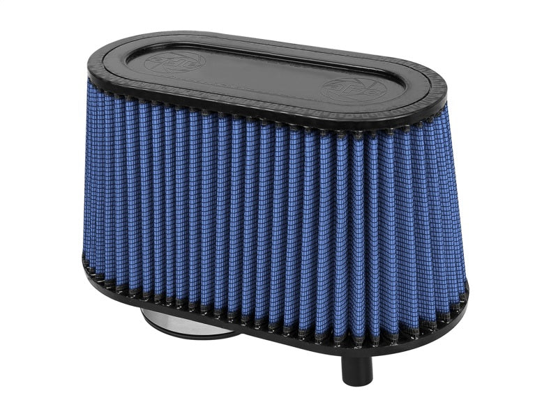 aFe MagnumFLOW Air Filter featuring a blue pleated design, optimized for enhanced airflow and engine performance.