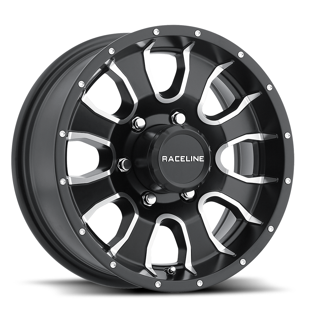 Black Raceline 860M Mamba wheel featuring a sleek design with polished accents, ideal for offroad vehicles and trucks.