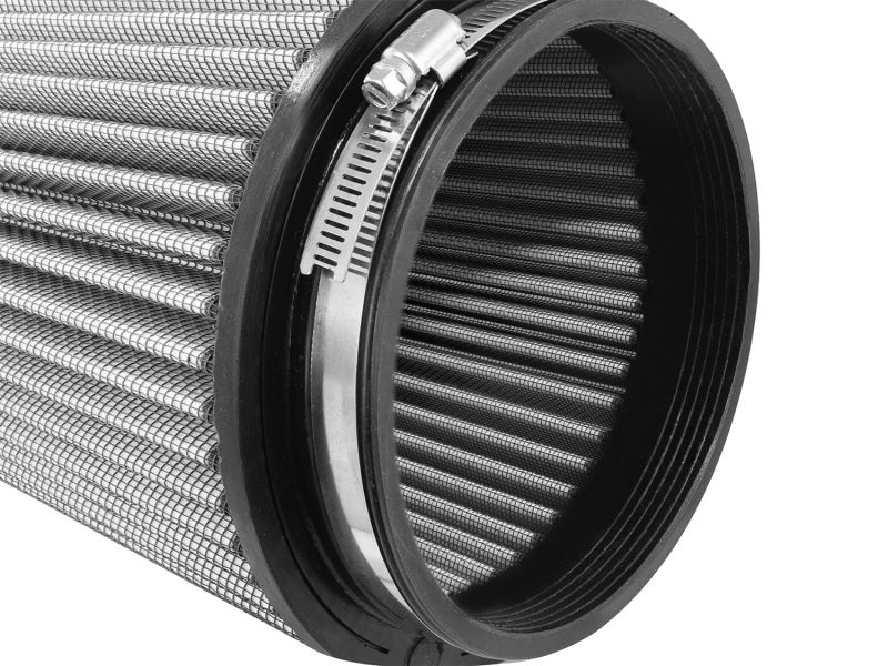 aFe MagnumFLOW Air Filter with a cylindrical design featuring a metal mesh exterior and a rubber end for secure installation.