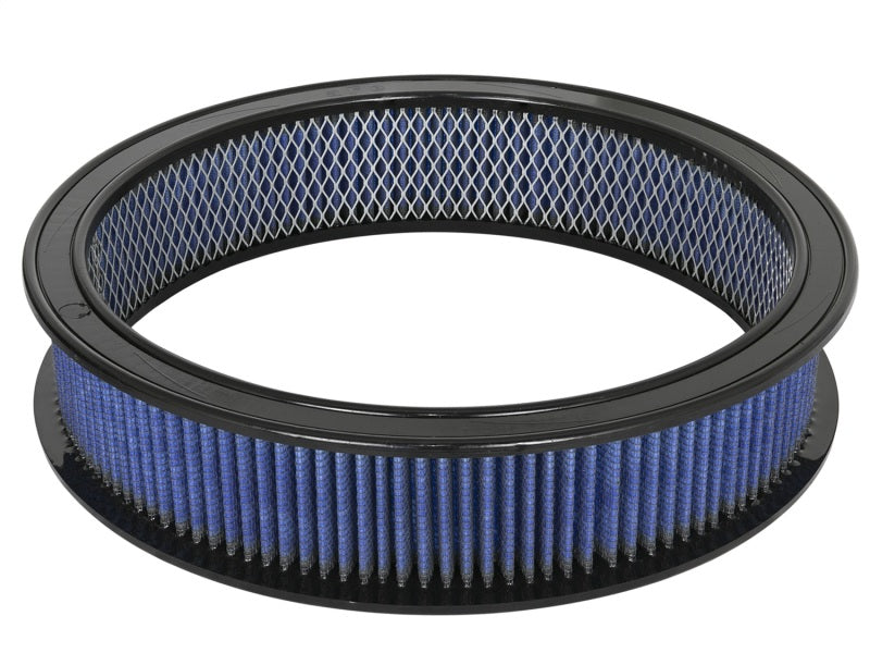 aFe MagnumFLOW Round Racing Air Filter with blue media, designed for enhanced airflow and performance in racing applications.