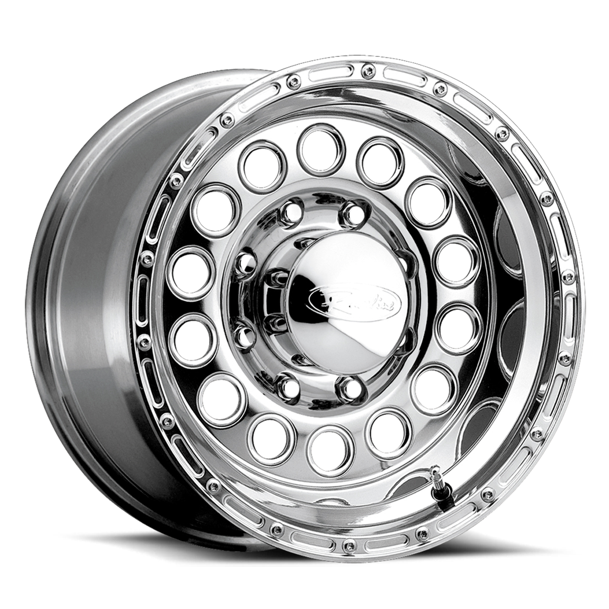 Chrome Rockcrusher wheel with a circular design and multiple cutouts, ideal for offroad trucks and SUVs.