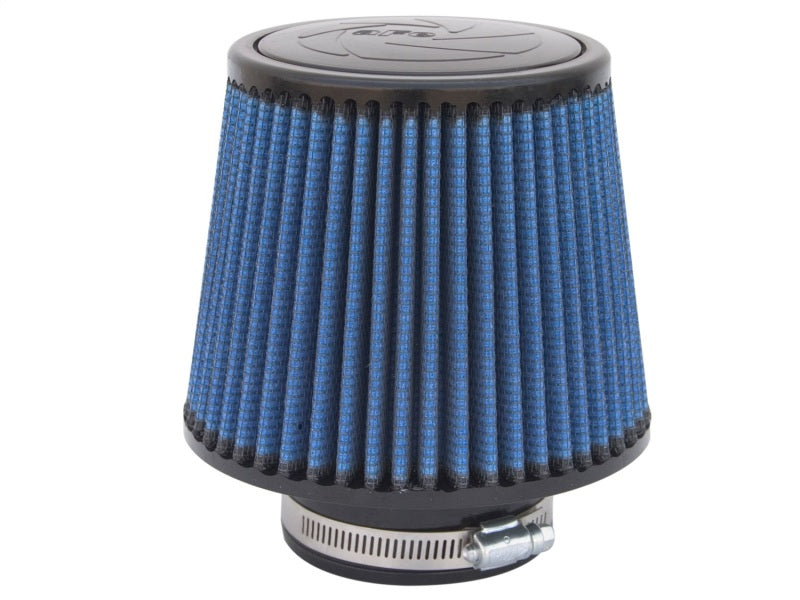 aFe MagnumFLOW Air Filter with a blue pleated design, featuring a durable base and clamp for secure installation.