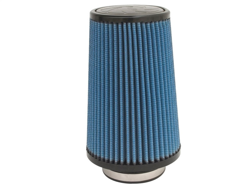 aFe MagnumFLOW Air Filter with a blue pleated design, measuring 3.5 inches in diameter and 9 inches tall, ideal for improved airflow.