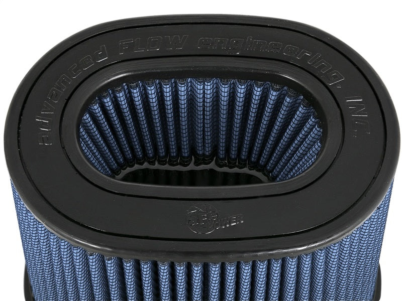 aFe Momentum Intake replacement air filter with P5R media, featuring a unique oval shape and blue filter material for enhanced airflow.