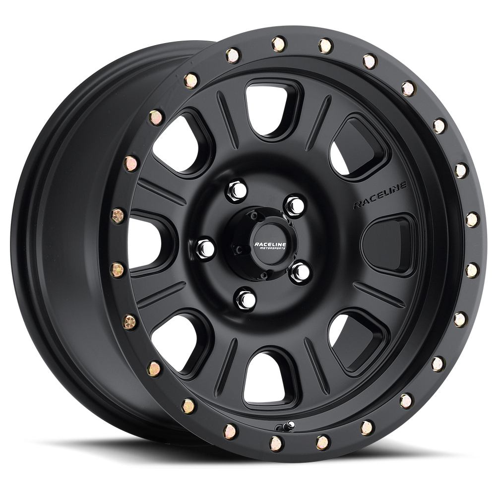 Black Raceline 928B Monster wheel featuring a rugged design with beadlock accents, ideal for offroad vehicles.