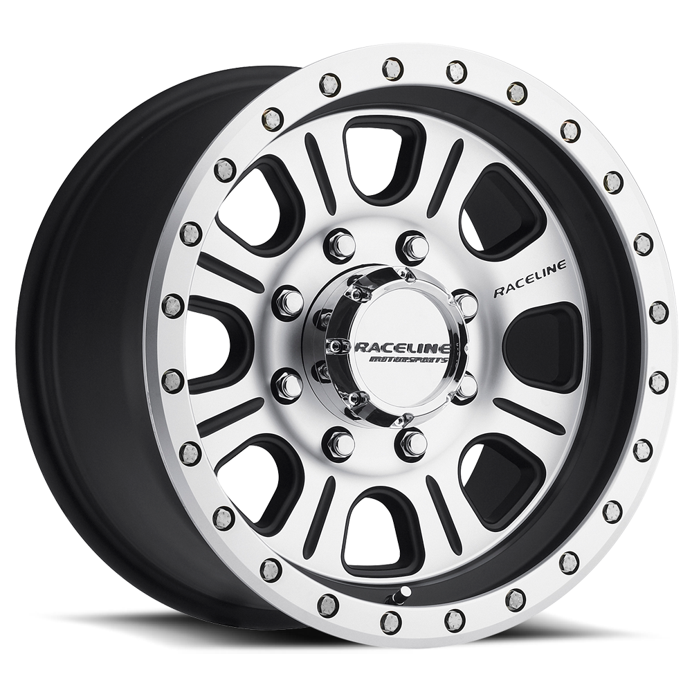 Black and silver 928M Monster wheel by Raceline, featuring a bold design with multiple spokes and a polished lip.