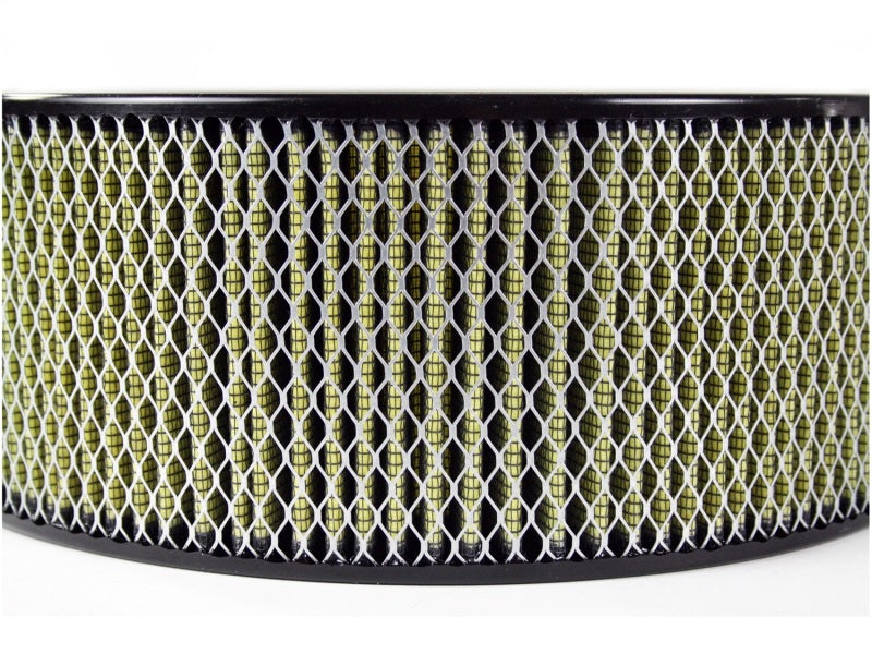 aFe MagnumFLOW round racing air filter featuring a honeycomb design, measuring 14OD x 11ID x 5H inches for optimal airflow.