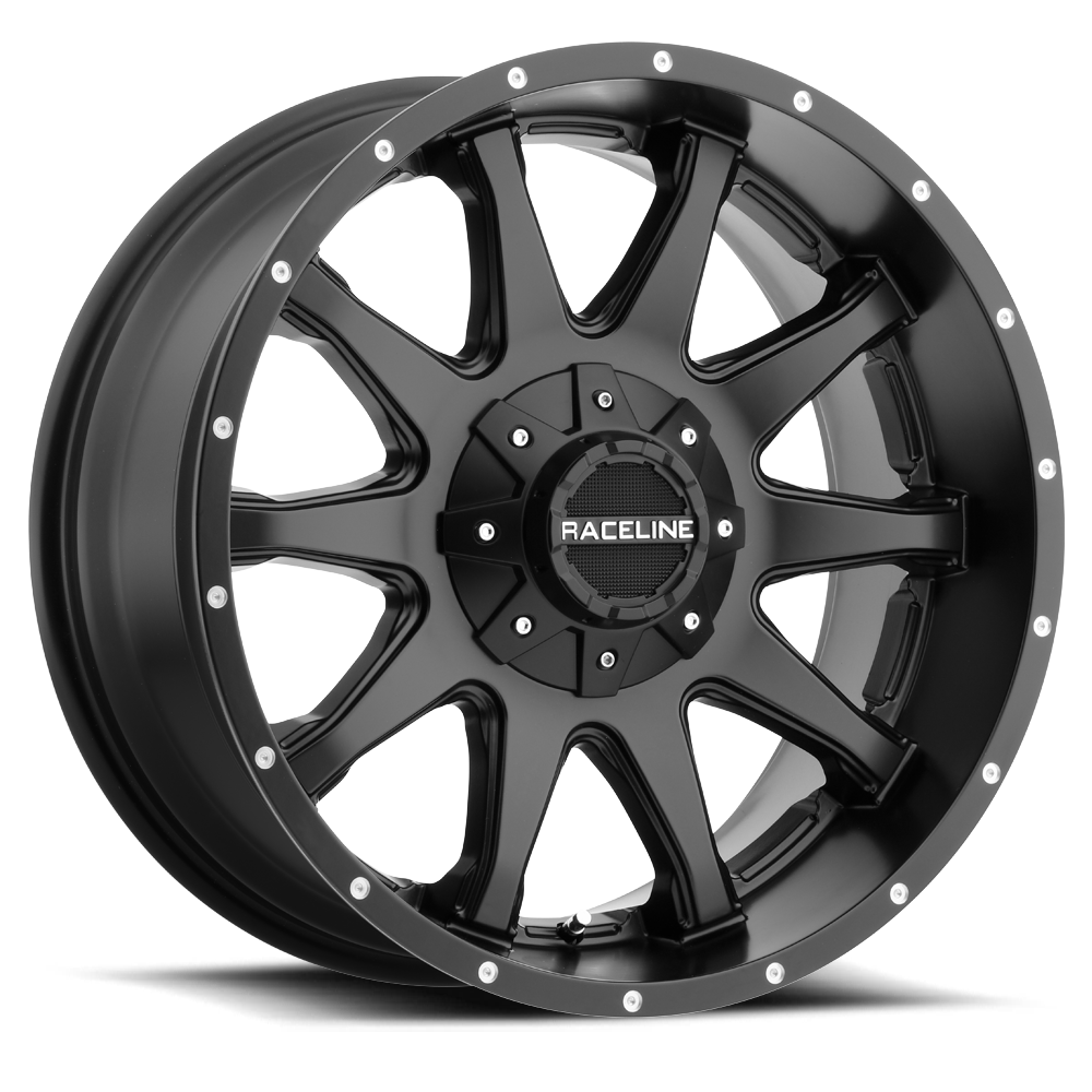 Black Raceline 930B shift wheel featuring a bold design with ten spokes and a polished center cap, ideal for offroad vehicles.