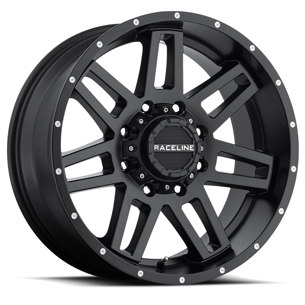 Black Raceline 931B wheel with a multi-spoke design and polished accents, ideal for trucks and offroad vehicles.