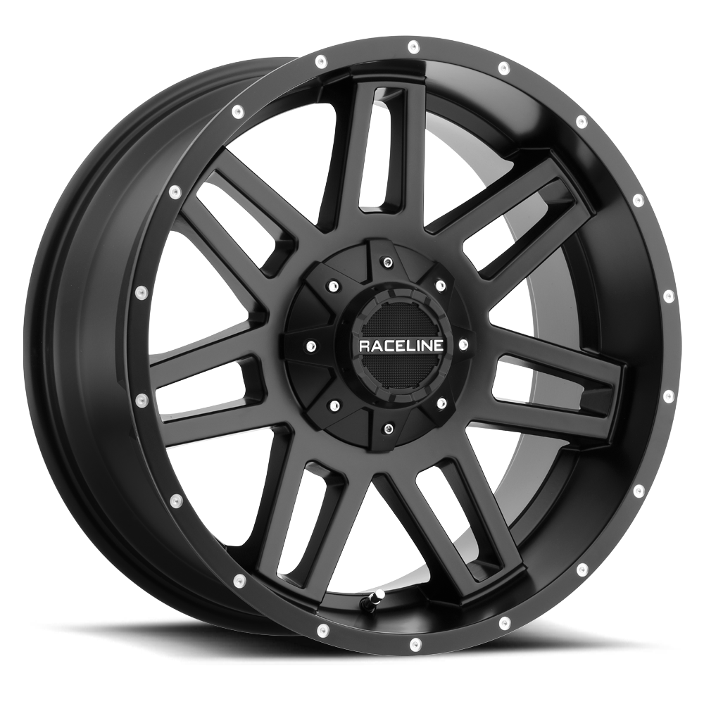 Black Raceline 931B wheel featuring a multi-spoke design and polished accents, ideal for trucks and offroad vehicles.