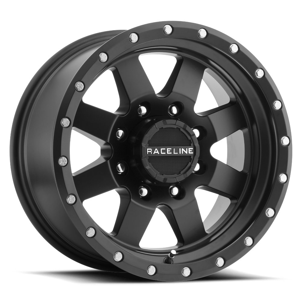 Black Raceline 935B Defender wheel featuring a bold design with multiple spokes and a beadlock style for offroad performance.