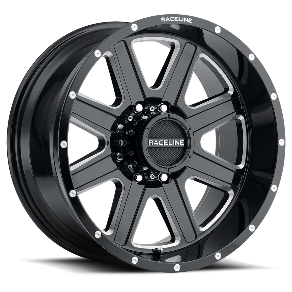 Black Raceline 940M Hostage wheel featuring a bold design with multiple spokes and a polished finish, ideal for offroad vehicles.