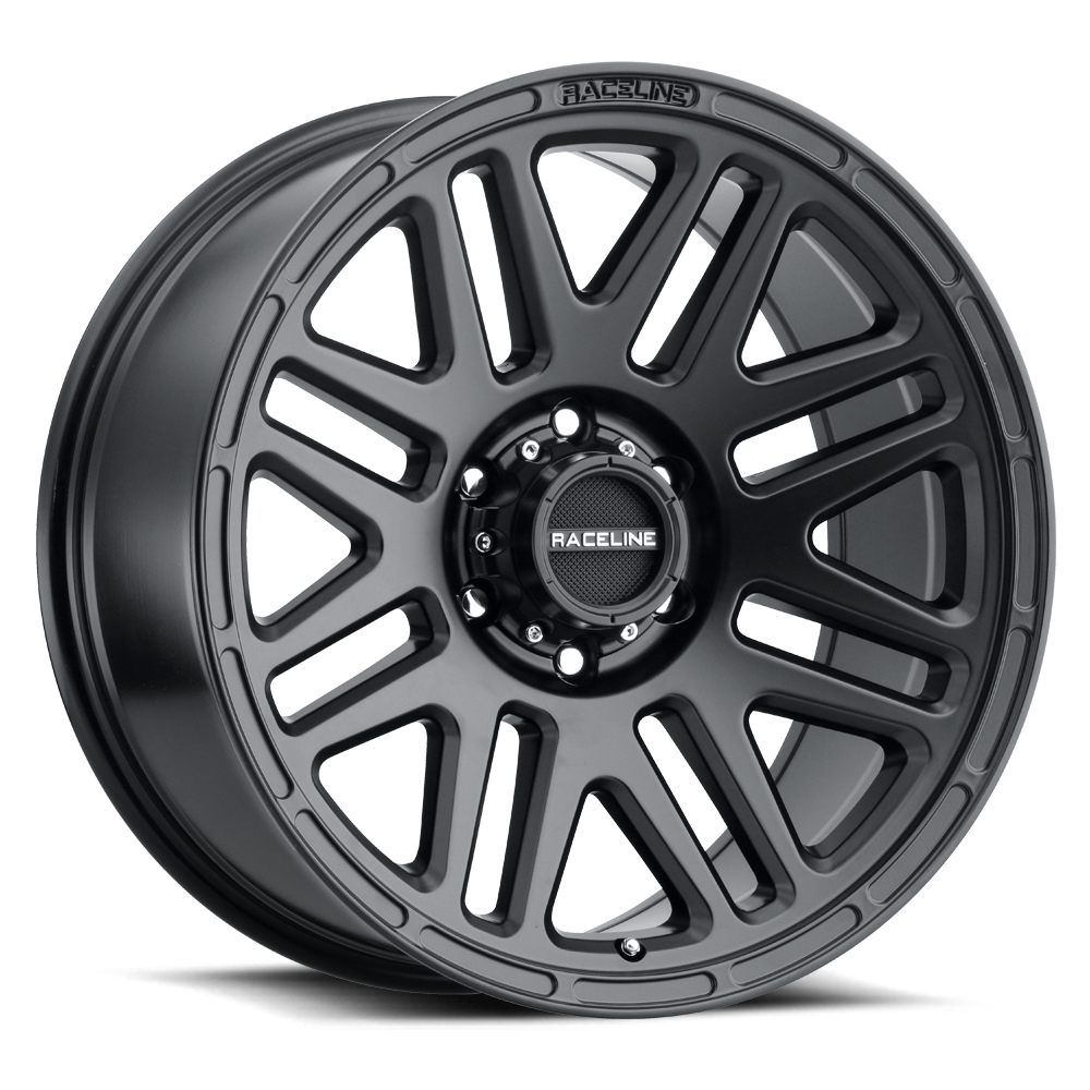 Black Raceline 944B Outlander wheel featuring a sleek design with multiple spokes, ideal for offroad vehicles.