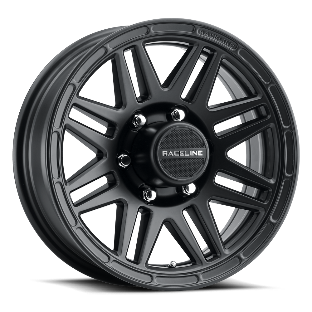 Black Raceline 944B Outlander trailer wheel featuring a multi-spoke design, ideal for offroad and trailer applications.