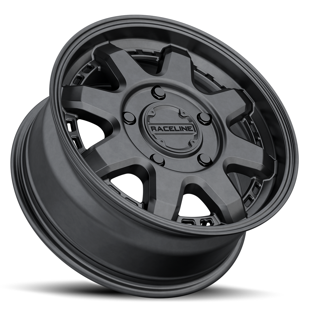 Black Raceline 947B Scout Van wheel featuring a multi-spoke design, ideal for offroad and overland vehicles.