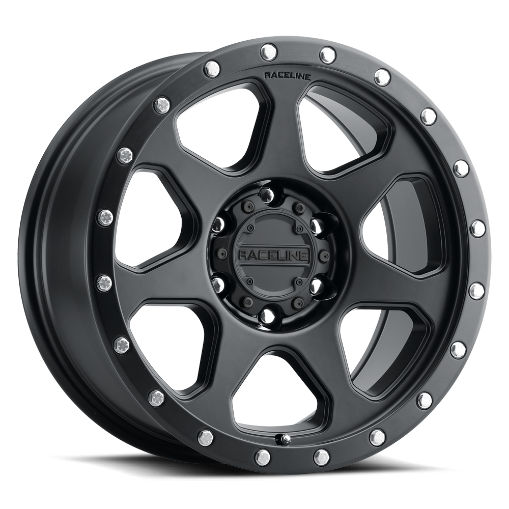 Black Raceline 949B 7X wheel featuring a bold design with eight spokes and silver accents for offroad vehicles.