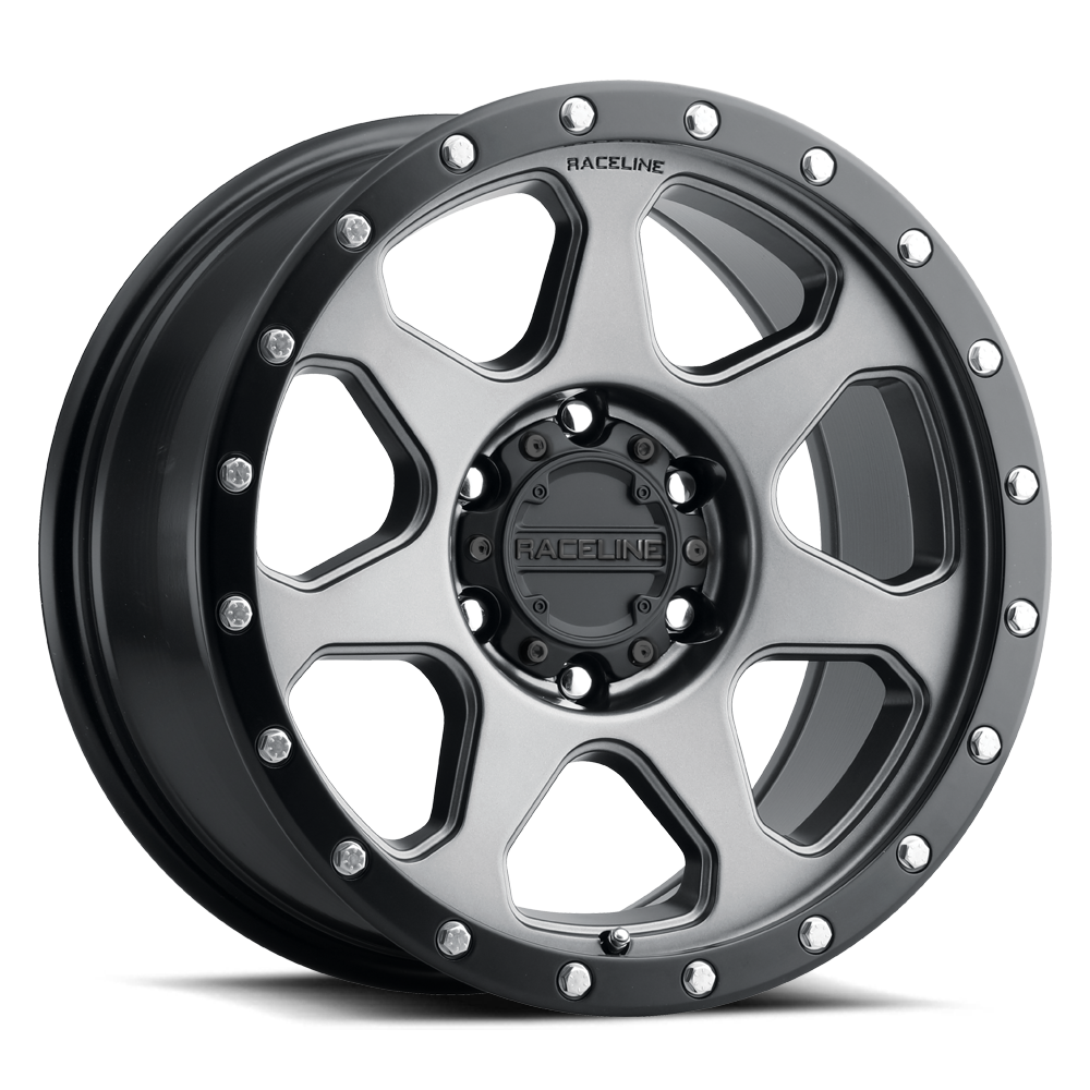 Raceline 949G 7X wheel featuring a sleek design with a dark finish and polished accents, ideal for offroad vehicles.