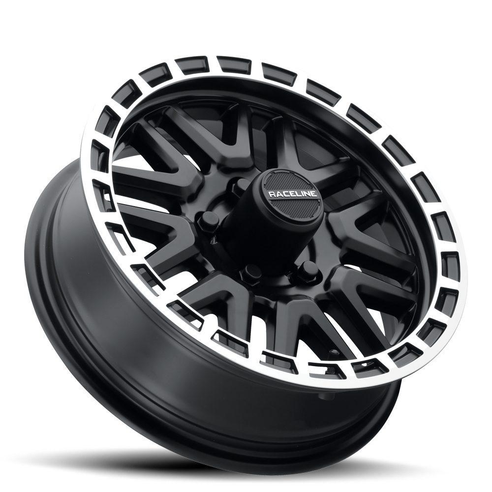 Black Raceline 953BM Krank trailer wheel featuring a sleek design with a polished lip and intricate spoke pattern.