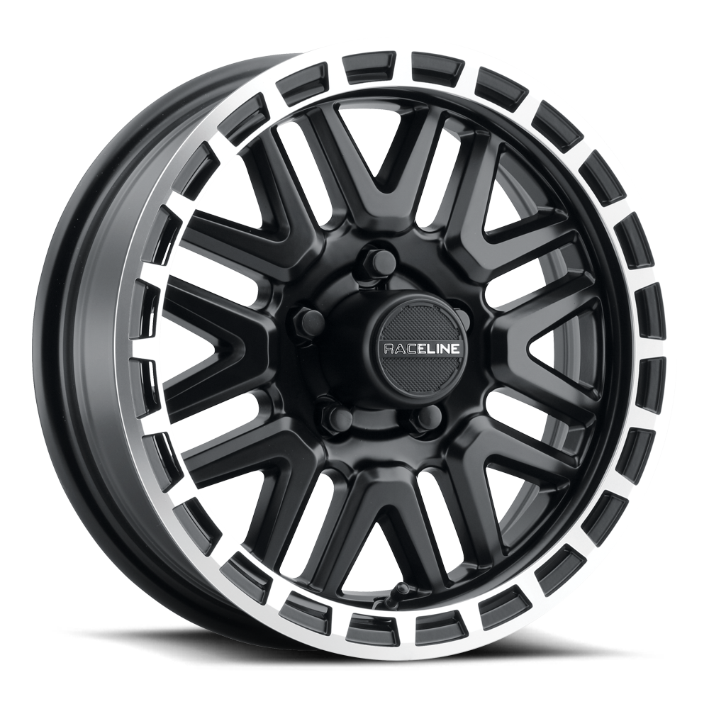 Black Raceline 953BM Krank Trailer wheel with a unique design featuring a white accent around the rim. Ideal for offroad vehicles.