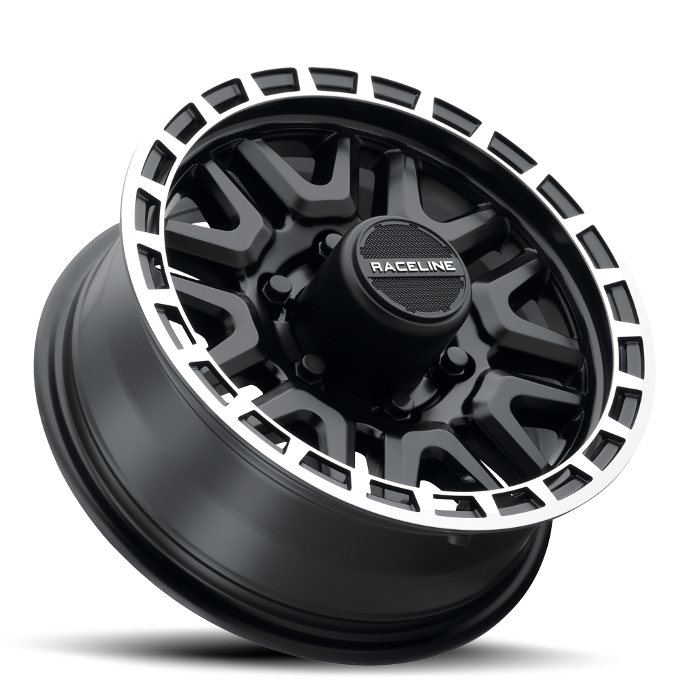 Black Raceline 953BM Krank trailer wheel with a polished lip and bold design, ideal for offroad vehicles and trailers.