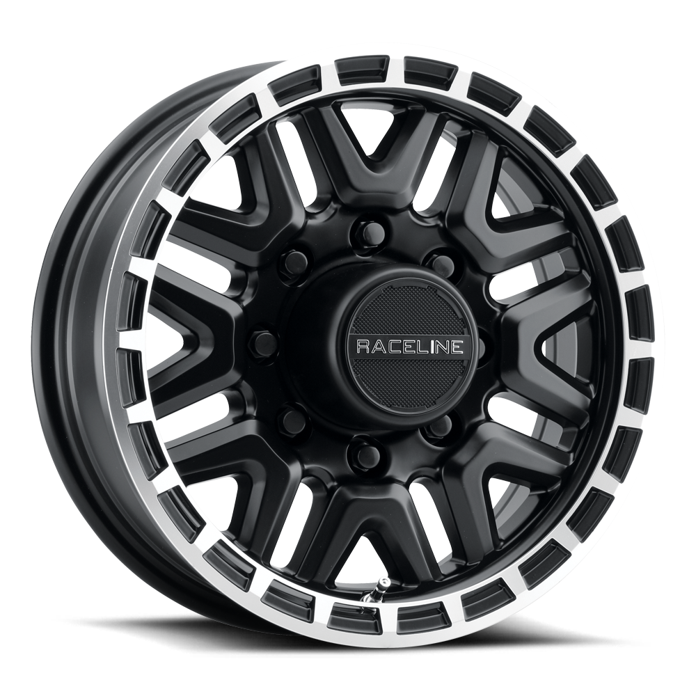Black Raceline 953BM Krank trailer wheel with a distinctive white accent around the rim, designed for offroad vehicles.