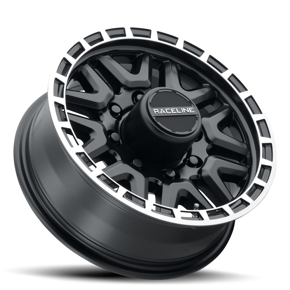 Black Raceline 953BM Krank trailer wheel with a polished lip and rugged design, ideal for offroad and trailer applications.