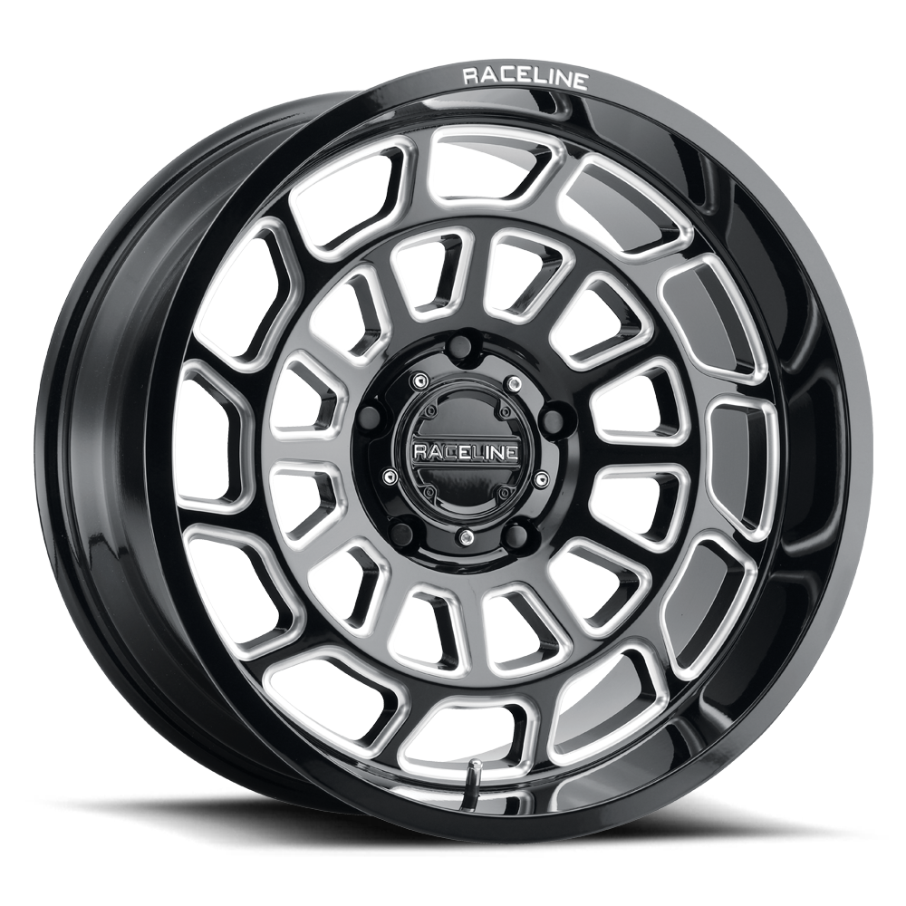 Stylish Raceline 955M Warp wheel featuring a sleek black and chrome design, ideal for offroad vehicles.