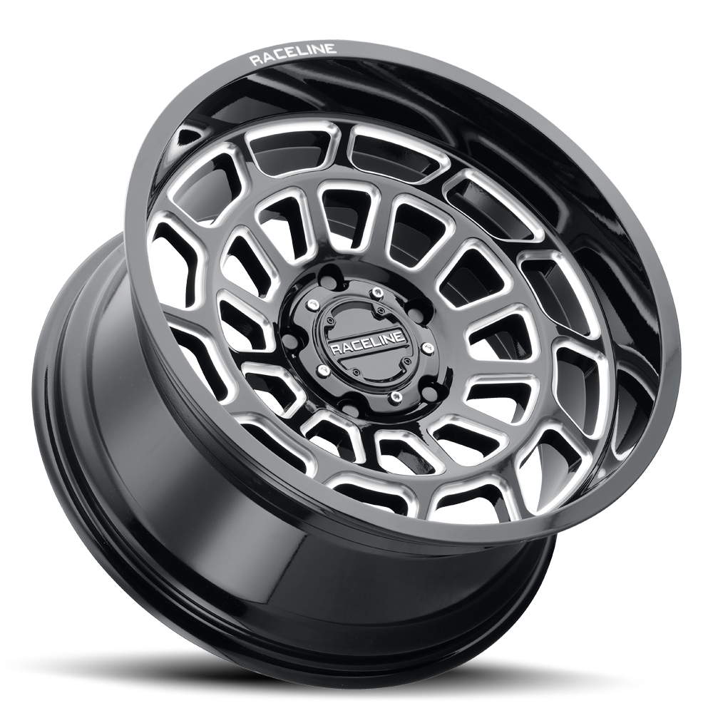 Black and silver Raceline 955M Warp wheel featuring a unique multi-spoke design, ideal for offroad vehicles.