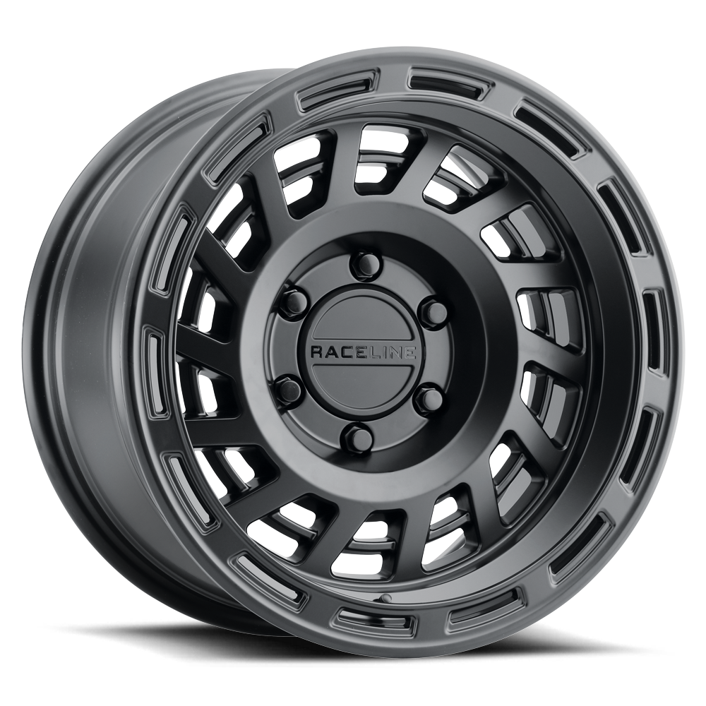 Black RaceLine 957B Halo wheel featuring a rugged design with multiple spokes, ideal for offroad vehicles and customization.