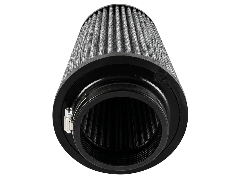 aFe MagnumFLOW Pro DRY S Universal Air Filter featuring a cylindrical design with a mesh exterior and dimensions for optimal airflow.