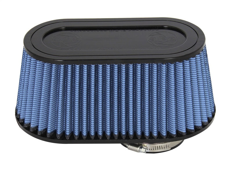 aFe MagnumFLOW Air Filter featuring a blue pleated design, optimized for enhanced airflow and engine performance.