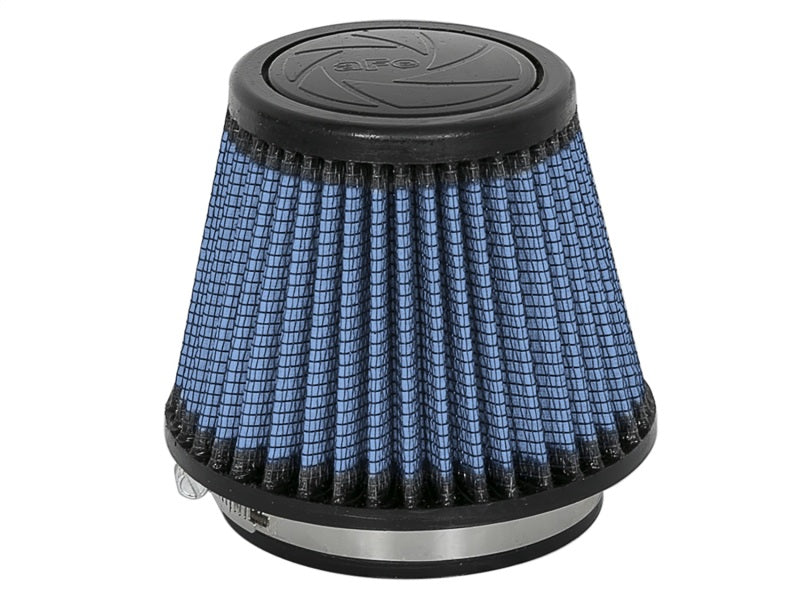 aFe MagnumFLOW Air Filter featuring a conical design with a blue mesh exterior, optimized for improved airflow and performance.