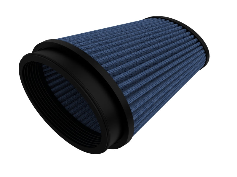 aFe MagnumFLOW Air Filter featuring a blue pleated design, designed for enhanced airflow and engine performance.
