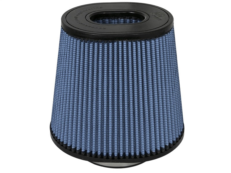 aFe Magnum FLOW Pro 5R replacement air filter with a conical design, featuring a blue filter media and black rubber base.