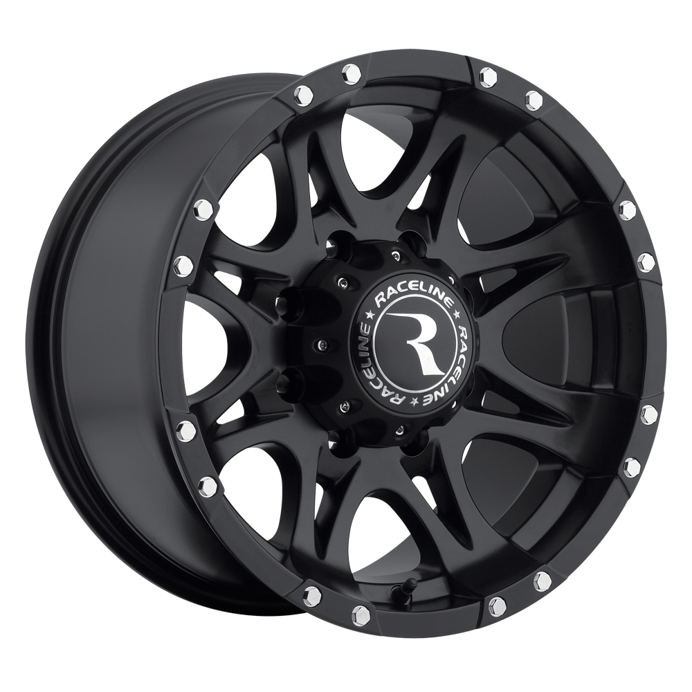 Black Raceline 981 Raptor wheel featuring a multi-spoke design and silver accents, ideal for trucks and offroad vehicles.