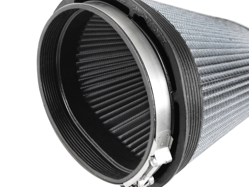 aFe Magnum FLOW Air Filter Pro DRY S featuring a cylindrical design with pleated filter media for enhanced airflow and filtration.
