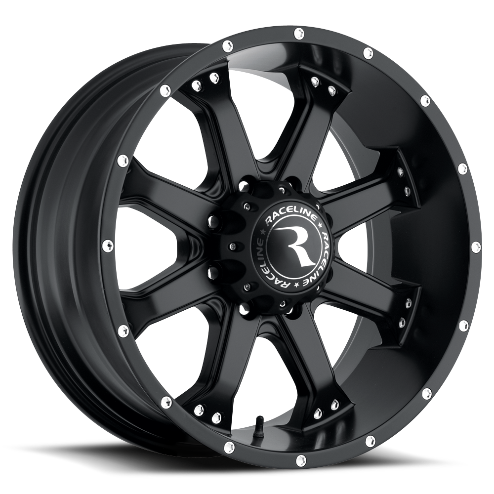 Black Raceline 991B Assault wheel featuring a rugged design with multiple spokes and a polished center cap, ideal for offroad vehicles.