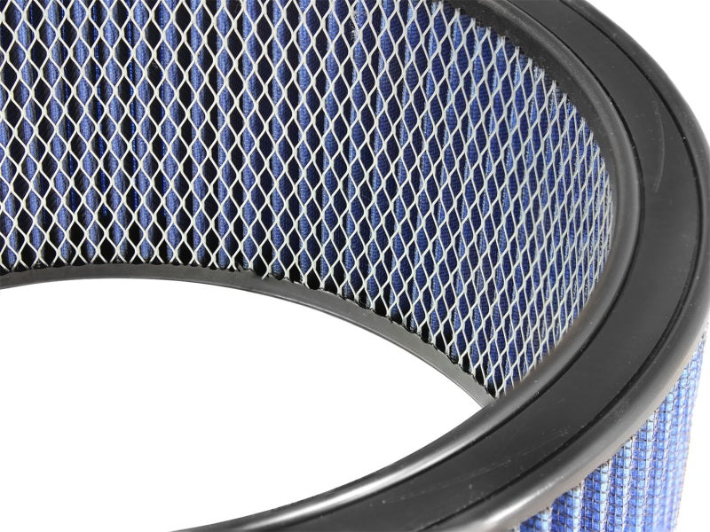 aFe MagnumFLOW Air Filter featuring a blue mesh design with a 14-inch outer diameter and 12-inch inner diameter for optimal airflow.