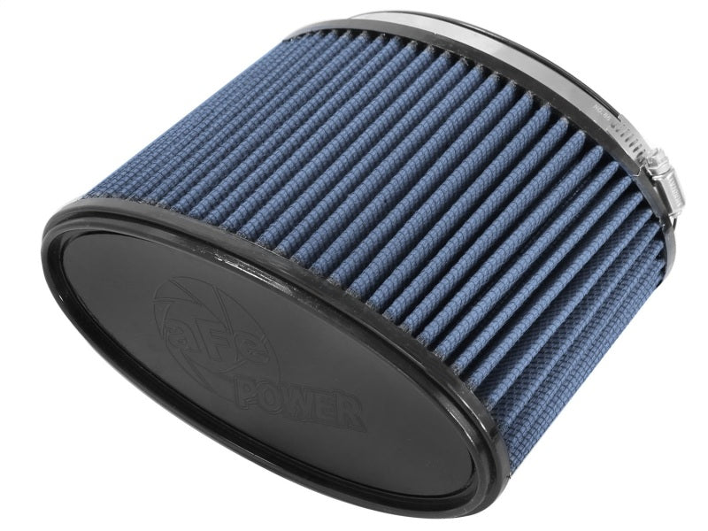 aFe MagnumFLOW Pro 5R universal air filter with a blue pleated design, measuring 7x3 inches at the front and 8-1/4x4-1/4 inches at the back and top, 5 inches high.