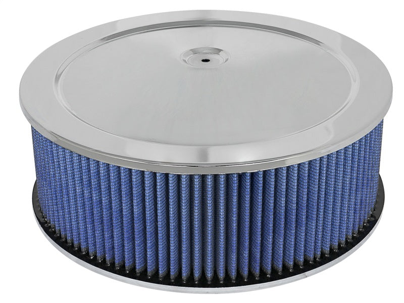 aFe MagnumFLOW round racing air filter with chrome top and blue fabric, designed for enhanced airflow and performance.