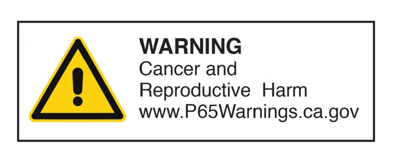Warning label indicating potential cancer and reproductive harm associated with aFe MagnumFLOW Air Filters for Toyota Landcruiser.