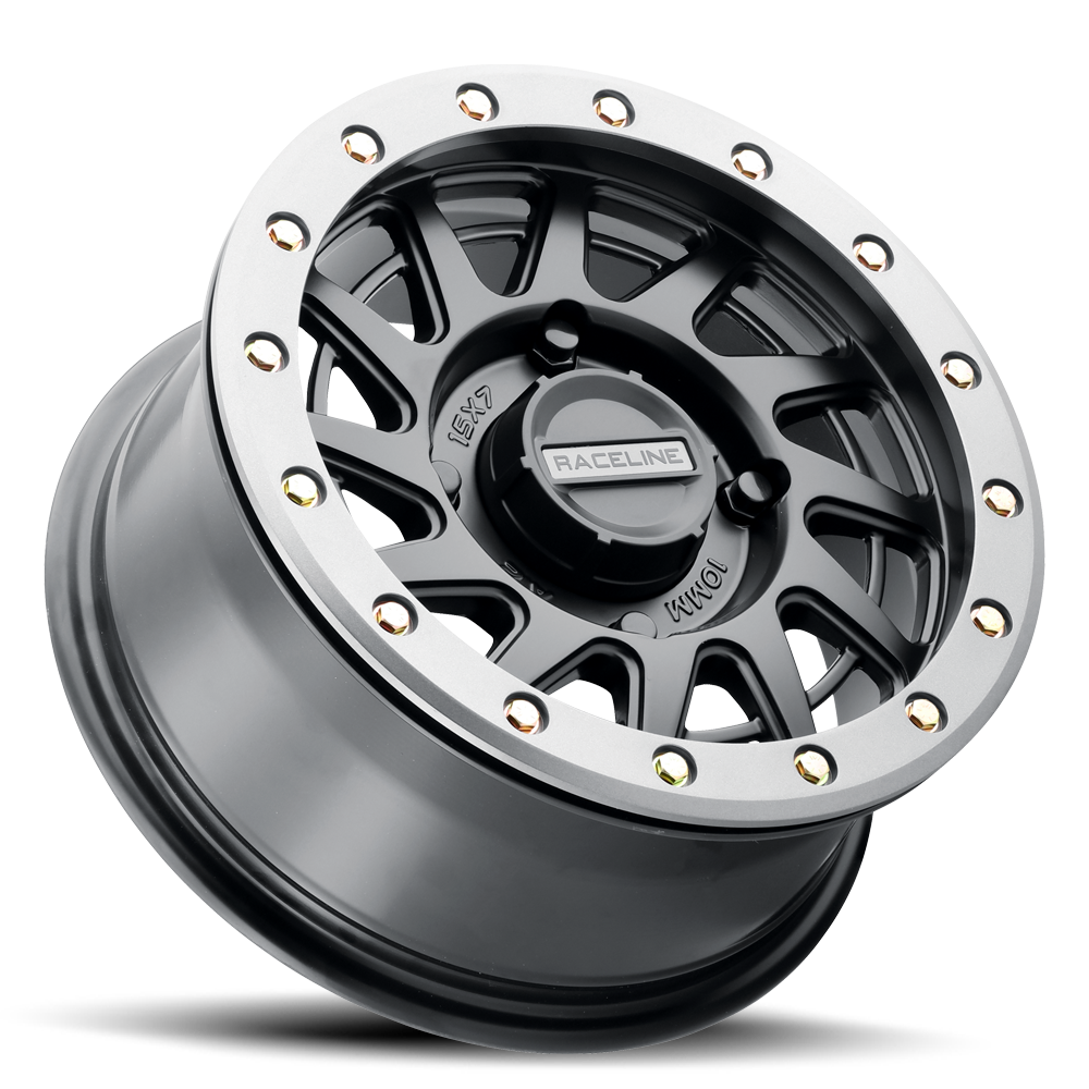 A12BG Squad Beadlock wheel featuring a sleek black finish with silver accents and a durable design for offroad performance.
