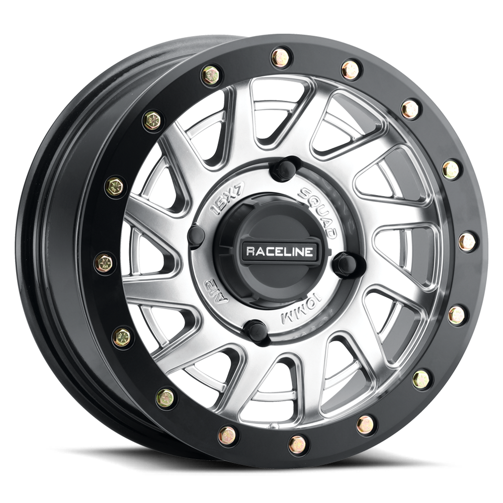 A12SB Squad Beadlock wheel featuring a sleek black and silver design with multiple spokes and beadlock ring.